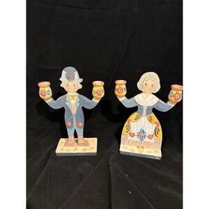 Vintage Swedish Man & Woman Hand Painted Wooden Candlestick Holders Set 2 Signed